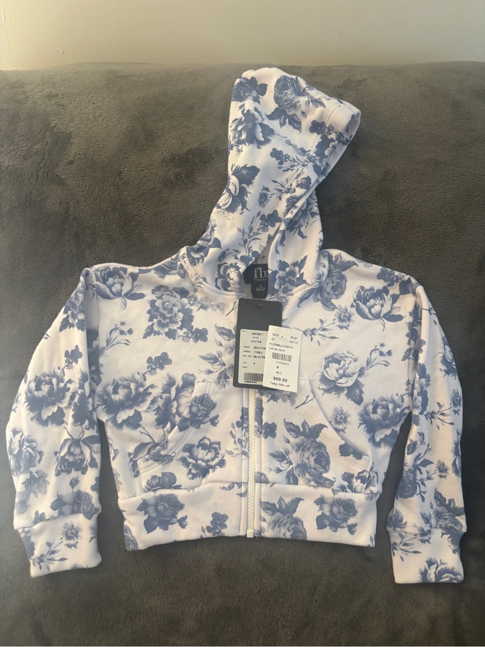 Flowers by Zoe White Hoodie with Blue Floral Print